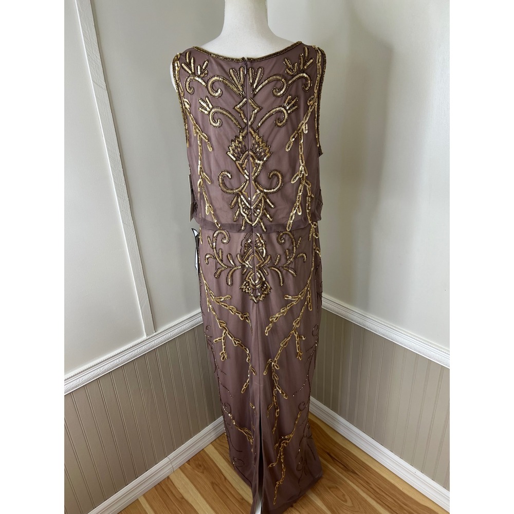 Papell Studio Women Mauve Gold Sequin Beaded Blouson Maxi Gown Dress Size 14 - Picture 12 of 15